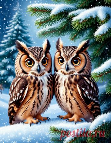 Возле большой красивой ели запорошенной снежной алмазной пылью сидят два пушистых милых совят, большие глаза, реалистично фон зимний волшебный реалистичный
