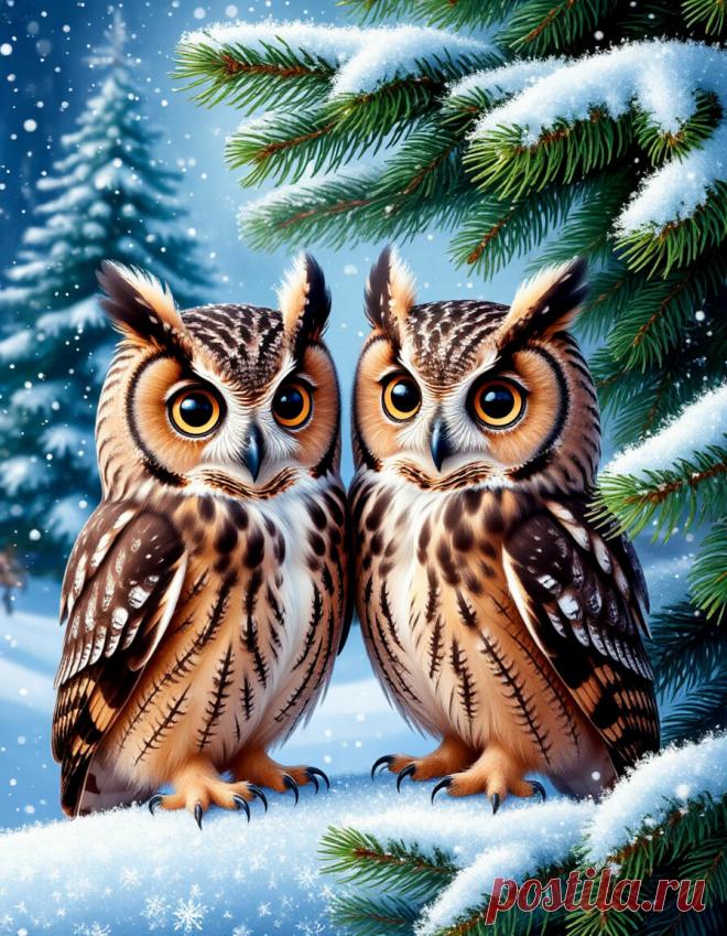 Возле большой красивой ели запорошенной снежной алмазной пылью  сидят два пушистых милых совят, большие глаза, реалистично фон зимний волшебный реалистичный