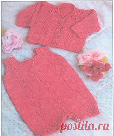 Схема вязания спицами, жакет и полукомбинезон, р-р 68-74 см., на 6-9 месяцев.
