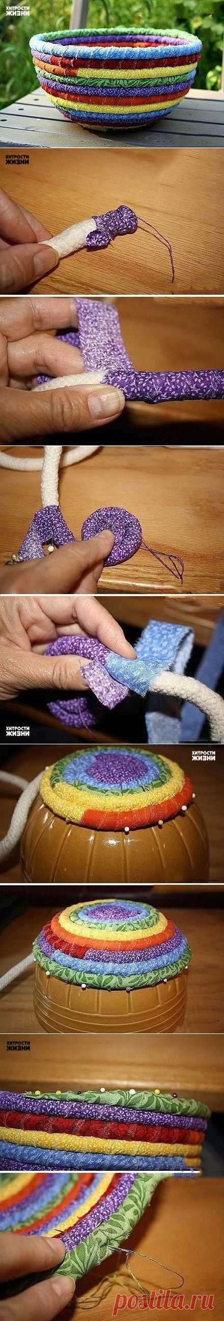 Корзинка из веревки и ткани | Умелые ручки