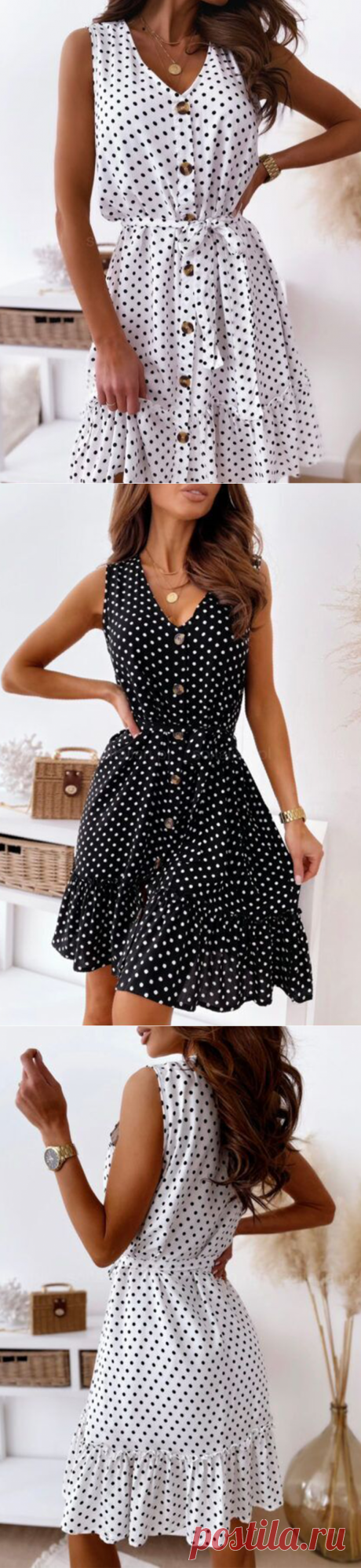 Elegant Dot Buckle With Belt V Neck A Line Dresses - Cicicloth