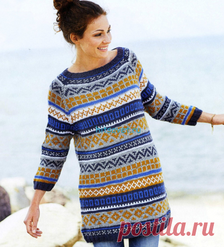 Вязание туники с жаккардовым узором - Хитсовет Вязание туники с жаккардовым узором. Модная модель туники с жаккардовым узором со схемой и подробным описанием вязания. Вам потребуется: пряжа (100% шерсти; 50 г/91 м) - 4 (4) 4 (5) мотков серебристого цвета (резинка и основной цвет 1), 3 (4) 4 (5) мотков серого цвета (основной цвет 2), 2 (2) 3 (3) мотка цвета охры (цвет узора 1), 1 (1)2 (2) мотка белого цвета (цвет узора 2), 1 (1) 2 (2) мотка синего цвета (цвет узора 3); чуло...