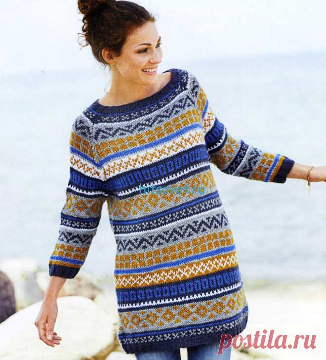 Вязание туники с жаккардовым узором - Хитсовет Вязание туники с жаккардовым узором. Модная модель туники с жаккардовым узором со схемой и подробным описанием вязания. Вам потребуется: пряжа (100% шерсти; 50 г/91 м) - 4 (4) 4 (5) мотков серебристого цвета (резинка и основной цвет 1), 3 (4) 4 (5) мотков серого цвета (основной цвет 2), 2 (2) 3 (3) мотка цвета охры (цвет узора 1), 1 (1)2 (2) мотка белого цвета (цвет узора 2), 1 (1) 2 (2) мотка синего цвета (цвет узора 3); чуло...