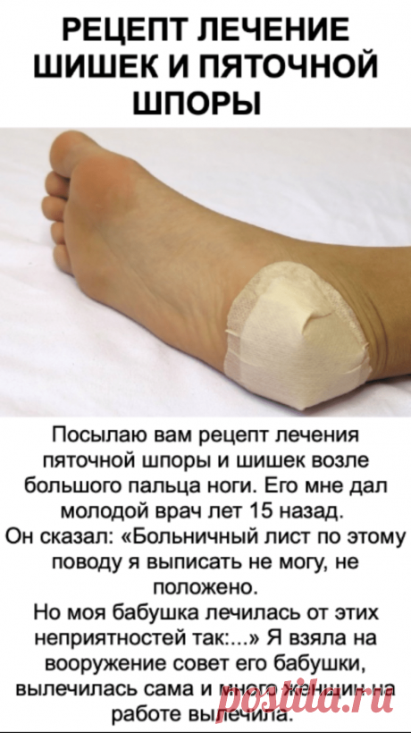 РЕЦЕПТ ЛЕЧЕНИЕ ШИШЕК И ПЯТОЧНОЙ ШПОРЫ Рецепт очень простой и недорогой.З—4 горсти морской соли (можно и поваренной если капнуть в нее несколько капель йода) развести в 4-5 литрах очень горячей воды.Налить раствор в ведро и парить ноги минут 10, затем вытереть насухо полотенцем, надеть носки (х/б, потолще, хорошо — махровые), влить в тазик немного медицинской желчи и встать в нее прямо ... &lt;a title="РЕЦЕПТ ЛЕЧЕНИЕ ШИШЕК И ПЯТОЧНОЙ ШПОРЫ" class="read-more" href="https://otcr...