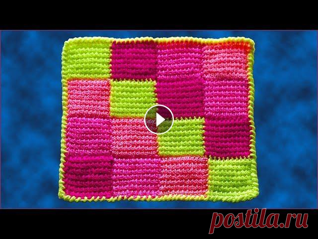 Узор для пледа тунисским крючком. Вязание пледа крючком. Crochet plaid pattern. Образец пледа связан пряжей 100% акрил. Данным узором можно связать не только плед, но и коврик из полипропиленового шнура или из полиэтиленовых пакет...