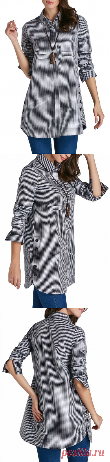 Plaid Print Turndown Collar Button Up Curved Shirt | Rosewe.com - USD $28.66
