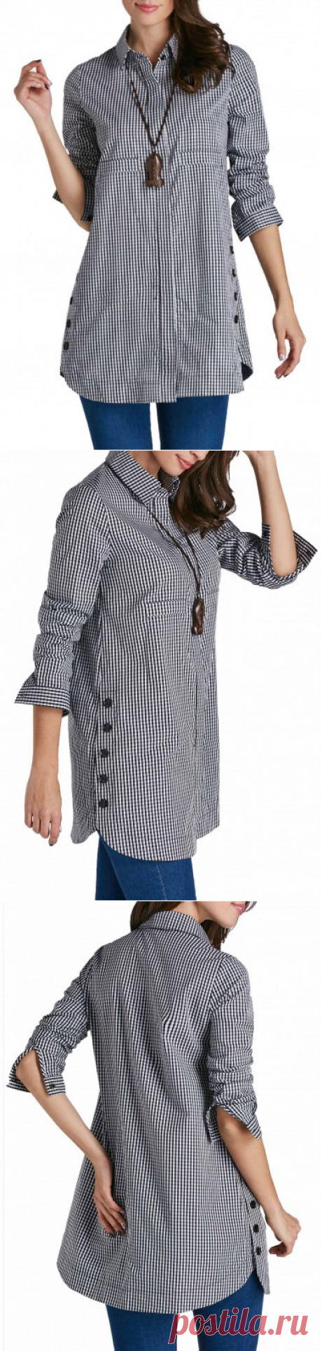 Plaid Print Turndown Collar Button Up Curved Shirt | Rosewe.com - USD $28.66
