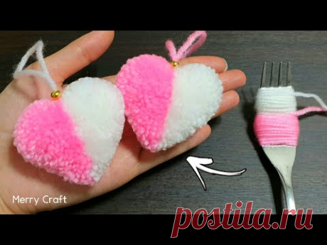 Super Easy Pom Pom Heart Making with Fork - Amazing Craft Ideas with Wool - How to Make Yarn Heart