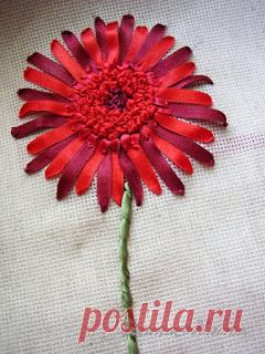 Вышивка лентами. Гербера. Мастер-класс с фото.