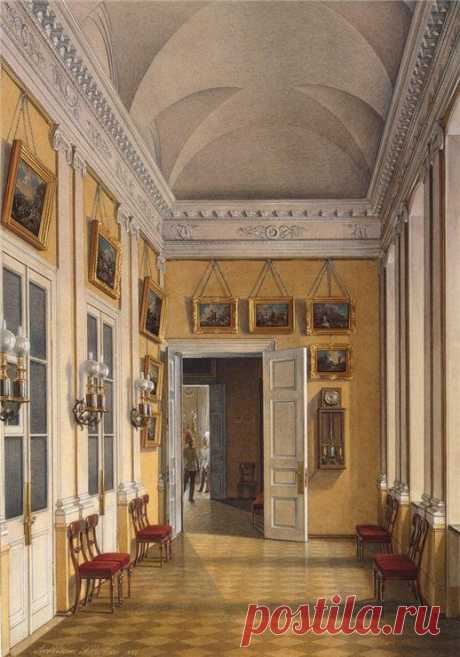 “Interiors of the Winter Palace. The Room between the Small Fieldmarshals Hall and the War Gallery” by Edward Petrovich Gau (1807-1887)
