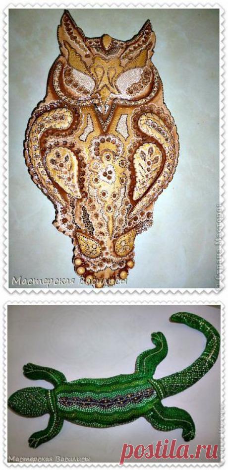 Сова и ящерица *соленое тесто, точечная роспись* | Страна Мастеров