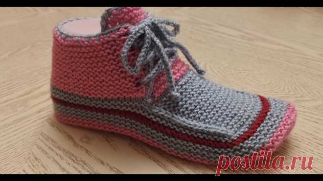 Следки-кеды для взрослых (тапочки-следки) на двух спицах №51. Спицы №3,5; пряжа акрил 100% (315м/100г); подошва 22-23 см.