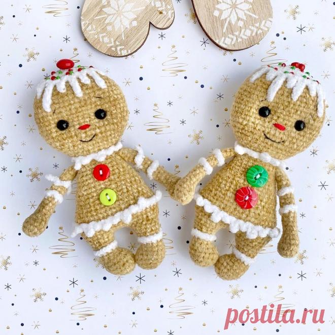 PDF Имбирные прянички крючком. FREE crochet pattern; Аmigurumi doll patterns. Амигуруми схемы и описания на русском. Вязаные игрушки и поделки своими руками #amimore - маленький пряничный человечек к Новому году, кукла, пупс, куколка, Рождество, печенье, печенька.
