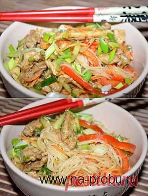 Рисовая вермишель с курицей и овощами | На пробу!
Ингредиенты:

Куриное мясо — 500 гр
Перец сладкий — 1 шт.
Огурец — 1 шт.
Рисовая вермишель — 200 гр
Соус терияки/соевый — 2-3 ст.л.
Белый винный уксус/бальзамик — 1,5-3 ст.л.
Масло оливковое — 5 ст.л.
Лук зеленый — 1 пучок
Сахар — 1 ч.л.
Морковь — 1 шт.
Чеснок — 3 зубчика
Имбирь свежий или сушеный — 1 ч.л.
Перец красный острый свежий или сушеный — 0,5-1 ч.л.
Специи хмели-сунели — 2 ст.л.