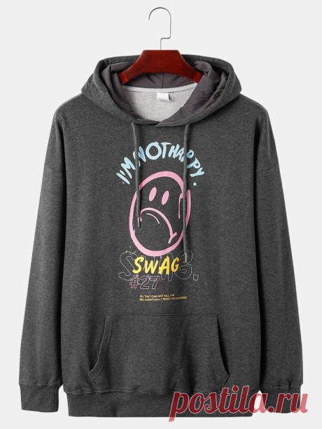 Mens Funny Emojis Chest Print Plain Loose Fit Drawstring Hoodies With Kangaroo P - US$39.99