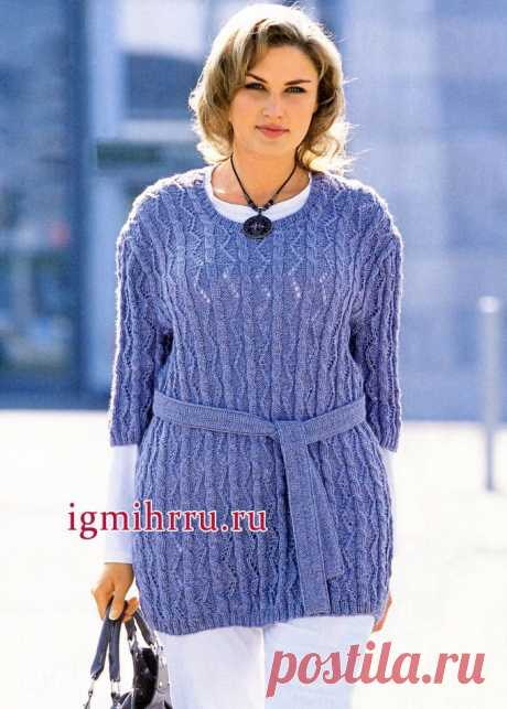 Элегантный образ. Классический удлиненный пуловер с ажурными дорожками и косами, для пышной дамы. Вязание спицами