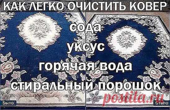 Как легко очистить ковер 
Чтобы сократить траты на средства для мытья ковров, которые нам предлагают купить в магазинах, давайте сделаем средство для мытья ковров сами. Это средство будет в разы дешевле, без бесконечного списка химии с составе и самое главное - оно будет чистить. 
Итак, нам понадобится пустая тара среднего размера с распылителем, в которую мы добавим: 
- 1 столовую ложку соды; 
- 1/3 стакана уксуса; 
- горячую воду, не кипяток (не доходя около 5 см до края тары); 
- 1 столов
