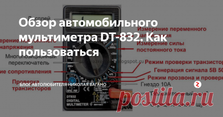 Обзор автомобильного мультиметра DT-832. Как пользоваться С недавних пор в помощь автолюбителям на смену контрольной лампочке пришли недорогие компактные цифровые мультиметры.
Так, что же такое мультиметр?
Мультиметр - это многофункциональный (от слова "мульти"), универсальный прибор, который совмещает в себе функции вольтметра, амперметра и омметра. То есть, позволяет измерять напряжение и силу переменного и постоянного тока в сетях, а также сопротивлен