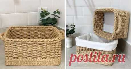 И плести ничего не нужно! Красивая и полезная вещь для дома - Сам себе мастер - медиаплатформа МирТесен Очень красивая корзинка с имитацией плетения, в которой можно с удобством хранить вещи. Она подойдет как для хранения в шкафу, так и в ванной. На прямоугольник из картона приклеиваем полосы из плотного картона. Можно также просто вырезать такую часть из уже готовой картонной коробки. По всей