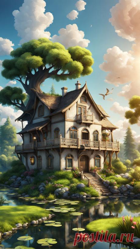 Дерево, дом и вода
