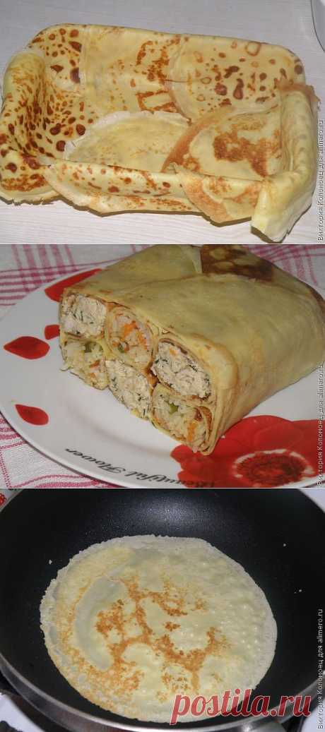 Блинный пирог с курицей и рисом / Рецепты с фото