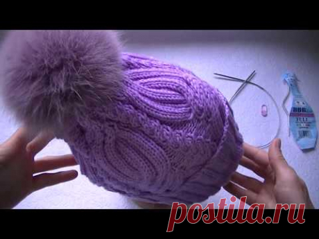Вяжем шапку  с  узором  декоративная коса спицами.