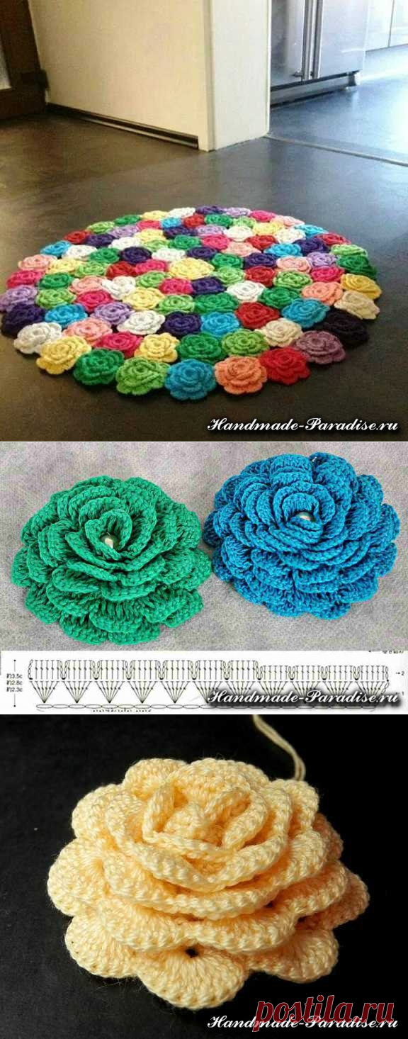 Вязаный коврик из розочек крючком