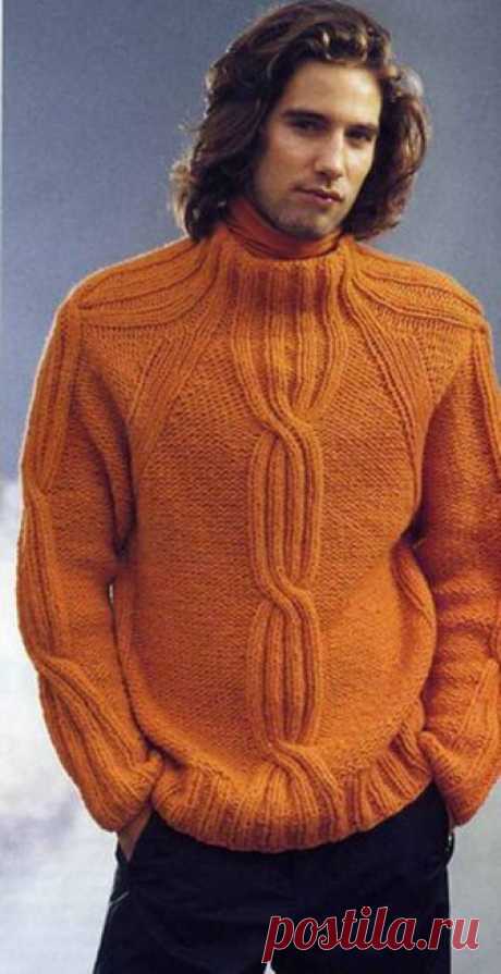 Мужской свитер спицами вязаный регланом с узором из кос