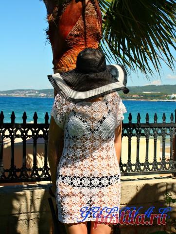 Пляжная туника крючком безотрывным способом «Южное утро»