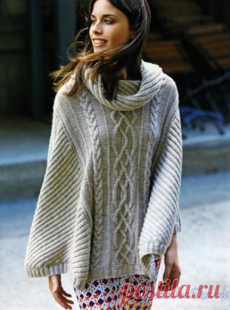 Теплое пончо спицами
Описание: https://vjazalochka.ru/vyazanie-dlya-zhenshchin/poncho-bolero-nakidki/teploe-poncho-spicami