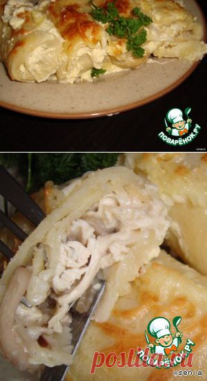 Запеченные блины с курицей и грибами - кулинарный рецепт