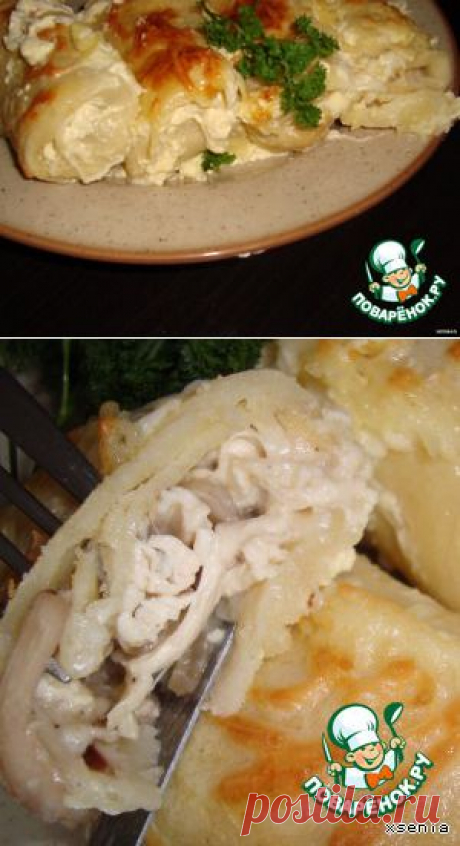 Запеченные блины с курицей и грибами - кулинарный рецепт