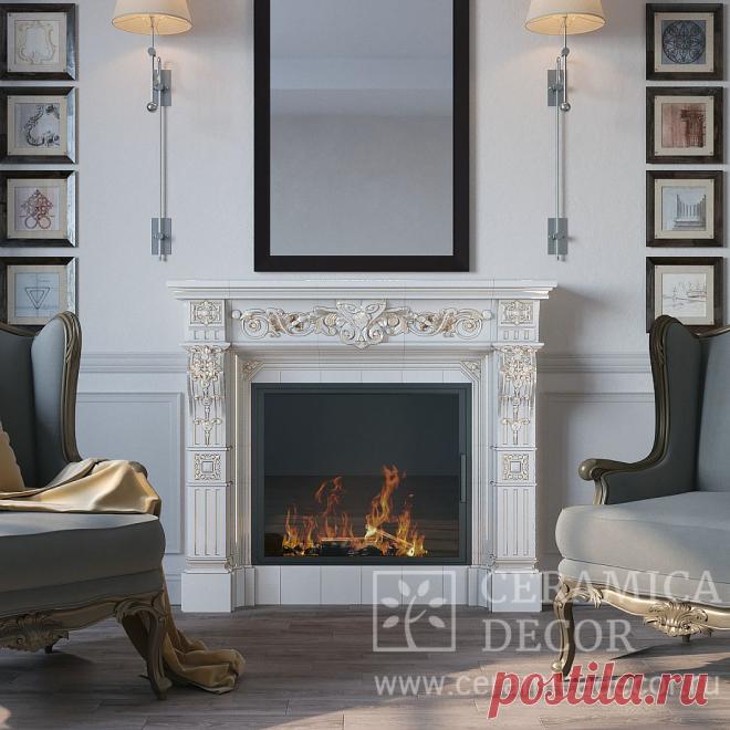 Портал Веллингтон. Цвет: Белый Антик с ручным золочением Портал топки Портал Веллингтон для каминов и печей. Доставка по всей России. Проектирование, выезд на замеры, гарантия и монтаж