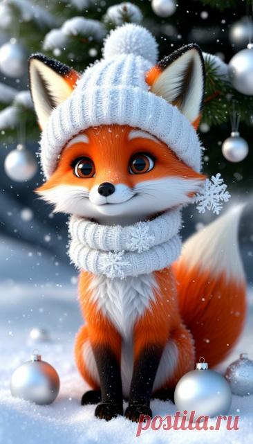 Белоснежная зима. Много снега. 3d снежинки. . Девочка-лиса. В белоснежной шапочке и с мультяшным Гарфиком. Белое-белое. Белое на белом. Белые снежинки. Белоснежная елка украшена жемчужными елочными шарами. мячи.. Милый.. Ulla HD. 16-каратный 3D-эффект