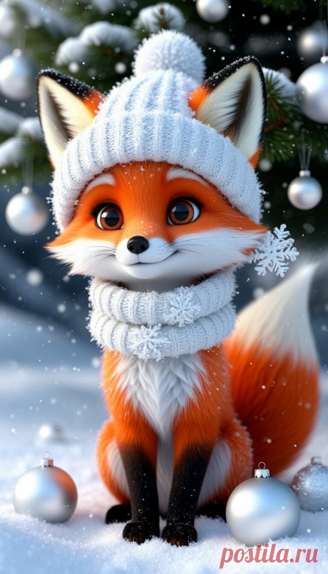 Белоснежная зима. Много снега. 3d снежинки. . Девочка-лиса. В белоснежной шапочке и с мультяшным Гарфиком. Белое-белое. Белое на белом. Белые снежинки. Белоснежная елка украшена жемчужными елочными шарами. мячи.. Милый.. Ulla HD. 16-каратный 3D-эффект