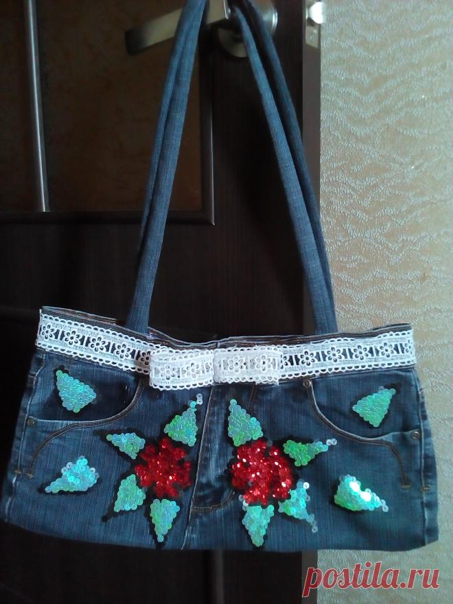 Джинсовая сумка с аппликацией из пайеток купить
