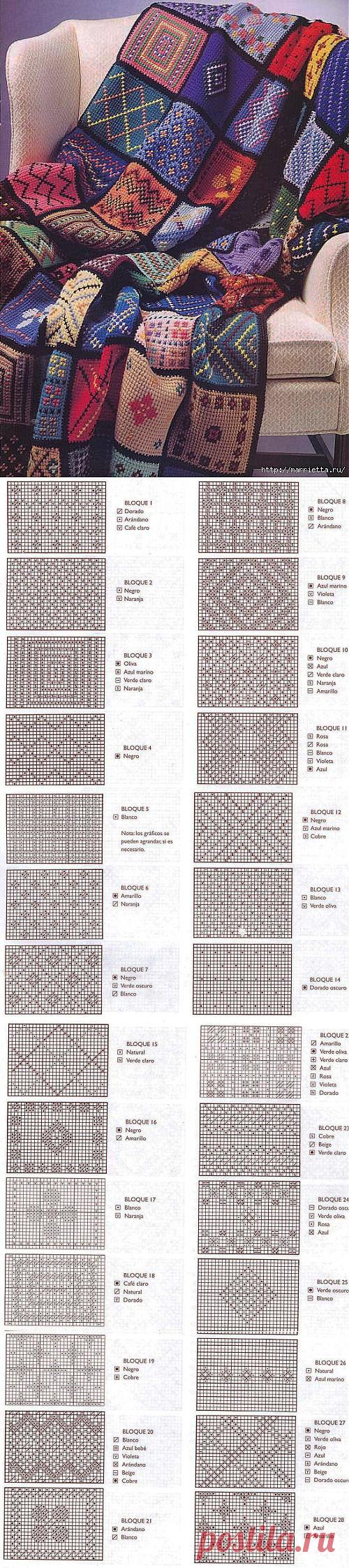 Теплый плед крючком из остатков ниток, с интересной вышивкой.