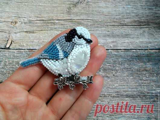 Купить "Белая лазоревка" брошь - белый, синий, серый, зима, весна, лето, осень, птица