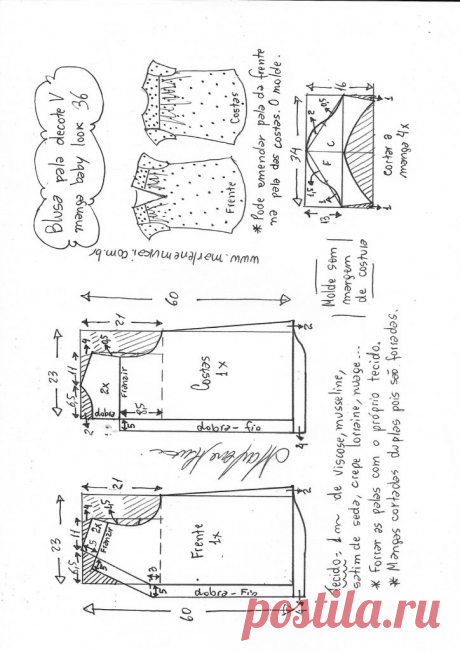 Выкройка Блуза с V-образным вырезом Размеры 36-56 евро (42-62 рус) | ВЫКРОЙКИ СТИЛЬНОЙ ОДЕЖДЫ | Яндекс Дзен