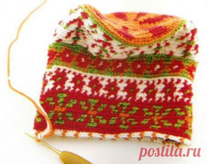 Вязание «гобелен» крючком из остатков пряжи.