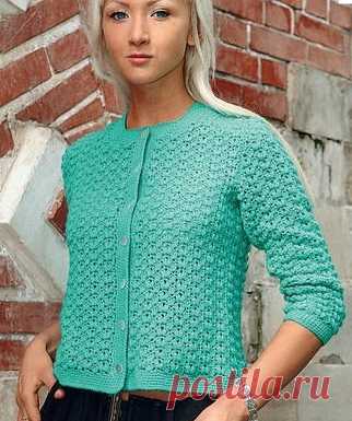 АЖУРНАЯ КОФТОЧКА ЗЕЛЕНОГО ЦВЕТА С УЗОРОМ ИЗ ПЫШНЫХ СТОЛБИКОВ. Вязание крючком