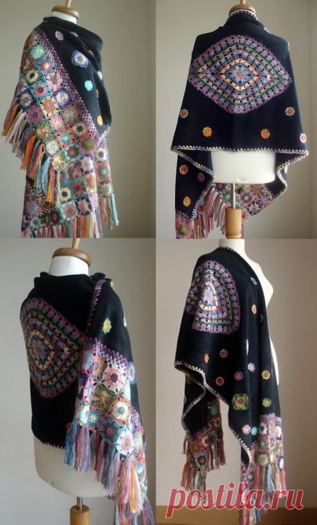 Special Listing for Galina, Black Shawl, Crocheted Flowers on Polar Cloth, OOAK…