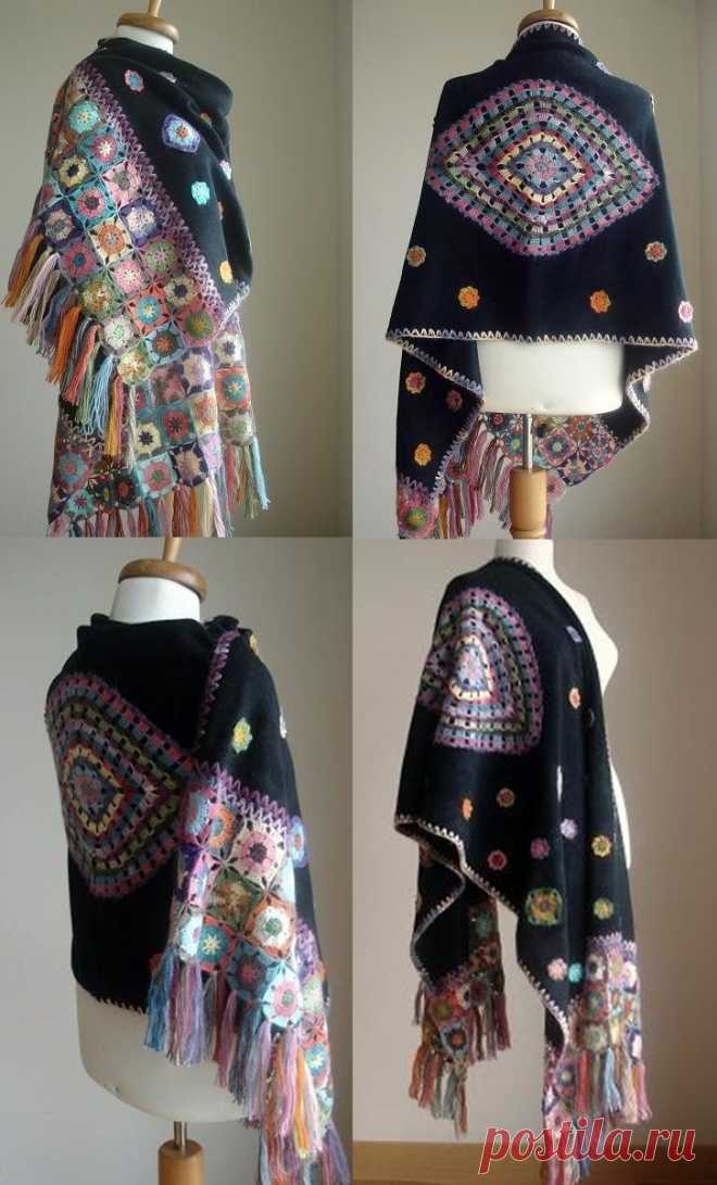 Special Listing for Galina, Black Shawl, Crocheted Flowers on Polar Cloth, OOAK…