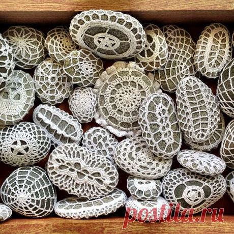 Crocheted Stones This "Stone Fossil" seeks to capture a moment in time when a leaf or insect is captured in a brief embrace with the forming rock and they each imprint on each other.  This lace rock (NZ schist) is made from 100% cotton thread which has been crocheted into lace that seamlessly encapsulates the rock.   Each rock dictates the form of the lace as the tensions and curves pull the lace into a unique shape. There is a beautiful contrast of soft and hard, earth ma...