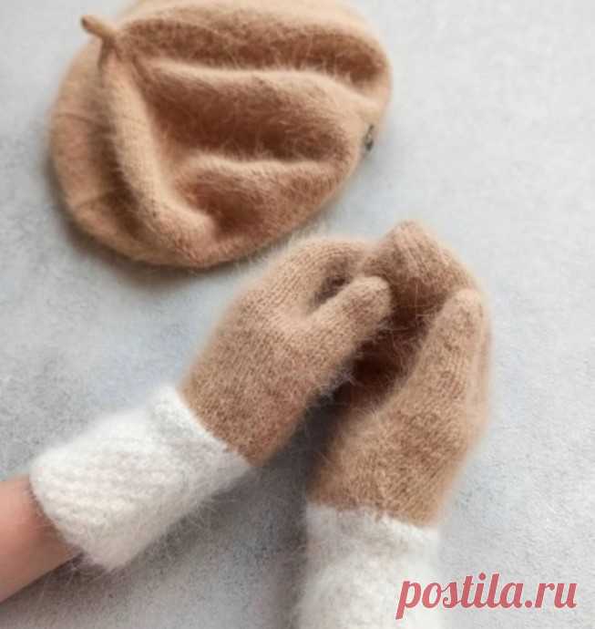 Пуховые варежки спицами