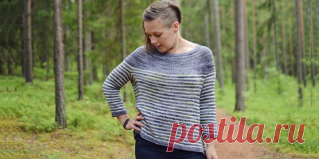 Пуловер с круглой кокеткой Sides and Stripes Женский пуловер с круглой кокеткой сверху вниз спицами. Вязание для женщин сверху вниз спицами пуловера с круглой кокеткой чередующимися двухцветными полосками.