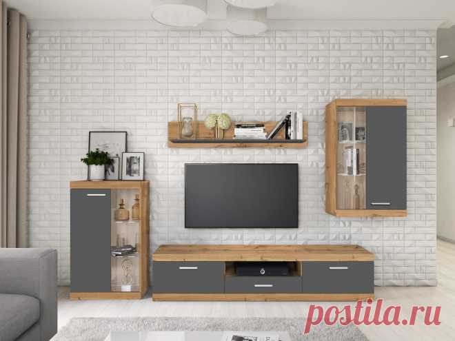 Стенка Тесс по цене 21 545 руб. рзмеры: Высота: 190 см, Ширина: 275 см, Глубина: 40 см цвет дуб вотан, серый графит в Москве от Black Red White