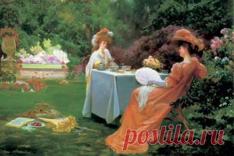 Под сенью акаций, хранящих от зноя,
На столике с ножкой дубовой резною -
Фарфор с позолотой - цветочная гамма.
За чаем в саду две прелестные дамы…
С изыском по моде пикантные шляпки,
В батистовой пене воланы и складки
Кокетливых платьев, достойных приёма
У лорда и графа, не то, чтобы дома…
Кулоны на шейках в разрезах перкали
Бликуют на солнце лазурной эмалью,
И веер изящный французской работы
Порхает в руке, прикрывая зевоту
И негу томленья от жаркого полдня
Столетье назад, но как .