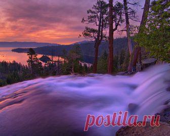 Картинки горы, природа, водопад, деревья, леса, утро, рассвет, озеро, пейзаж, закат - обои 1280x1024, картинка №286354