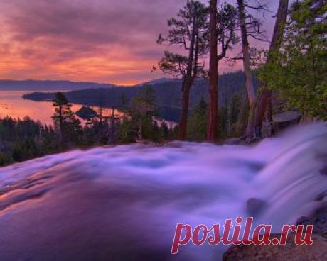 Картинки горы, природа, водопад, деревья, леса, утро, рассвет, озеро, пейзаж, закат - обои 1280x1024, картинка №286354